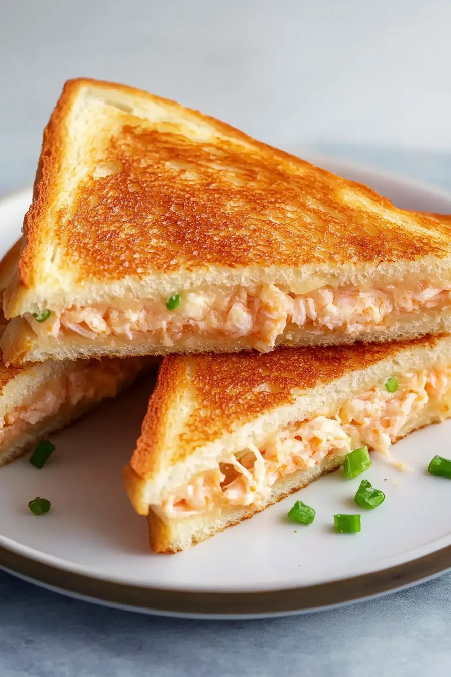 Crispy golden sandwich triangles filled with creamy crab and cheese, served on a plate.