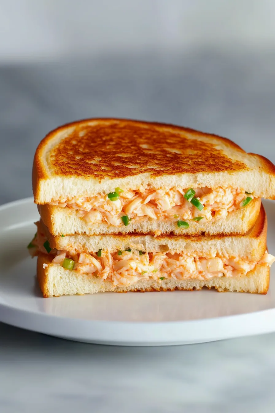 Browned sandwich slices stacked on a plate, with crab and green onion peeking out.
