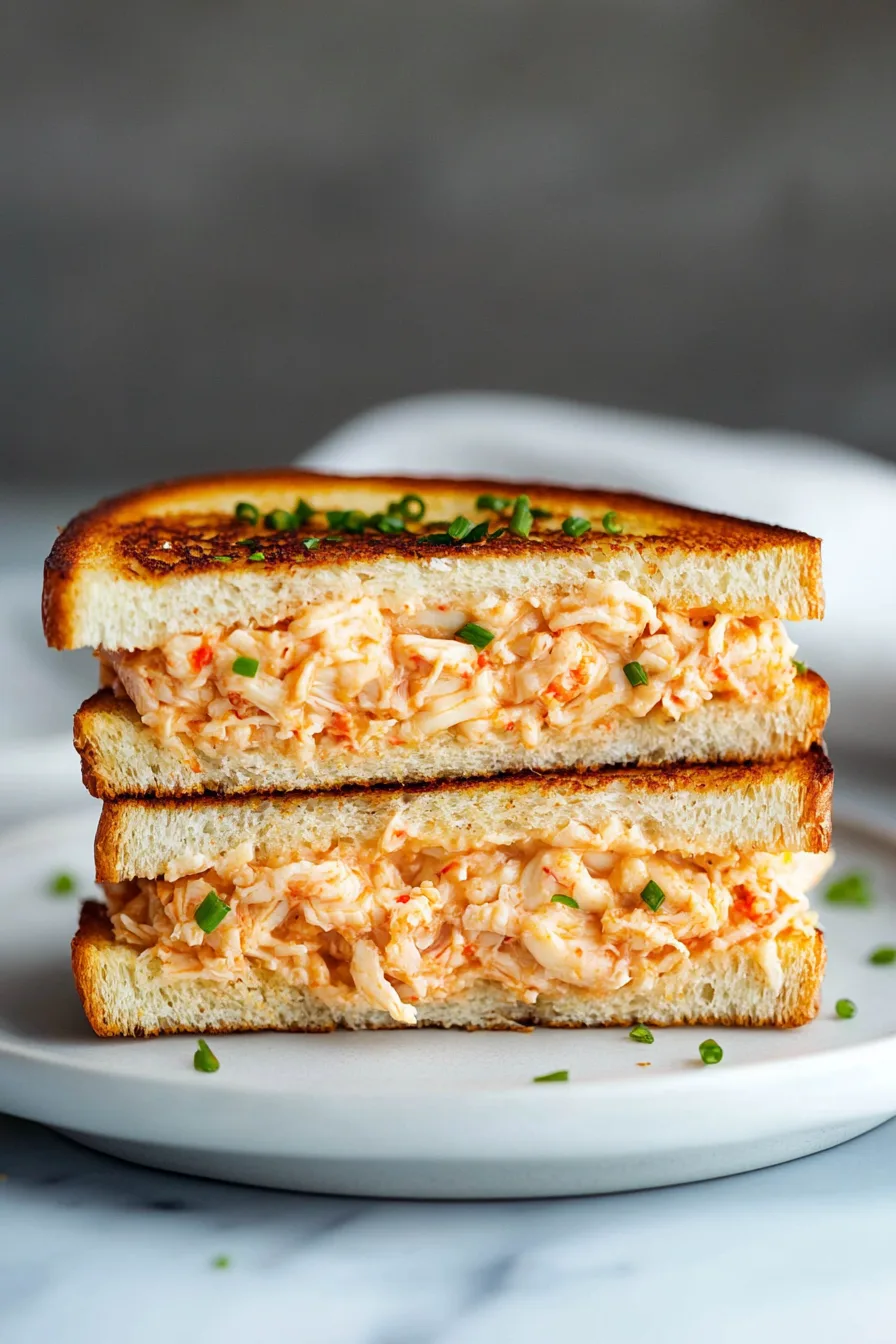 Toasted bread with a rich crab filling, cut in half to show the creamy interior.