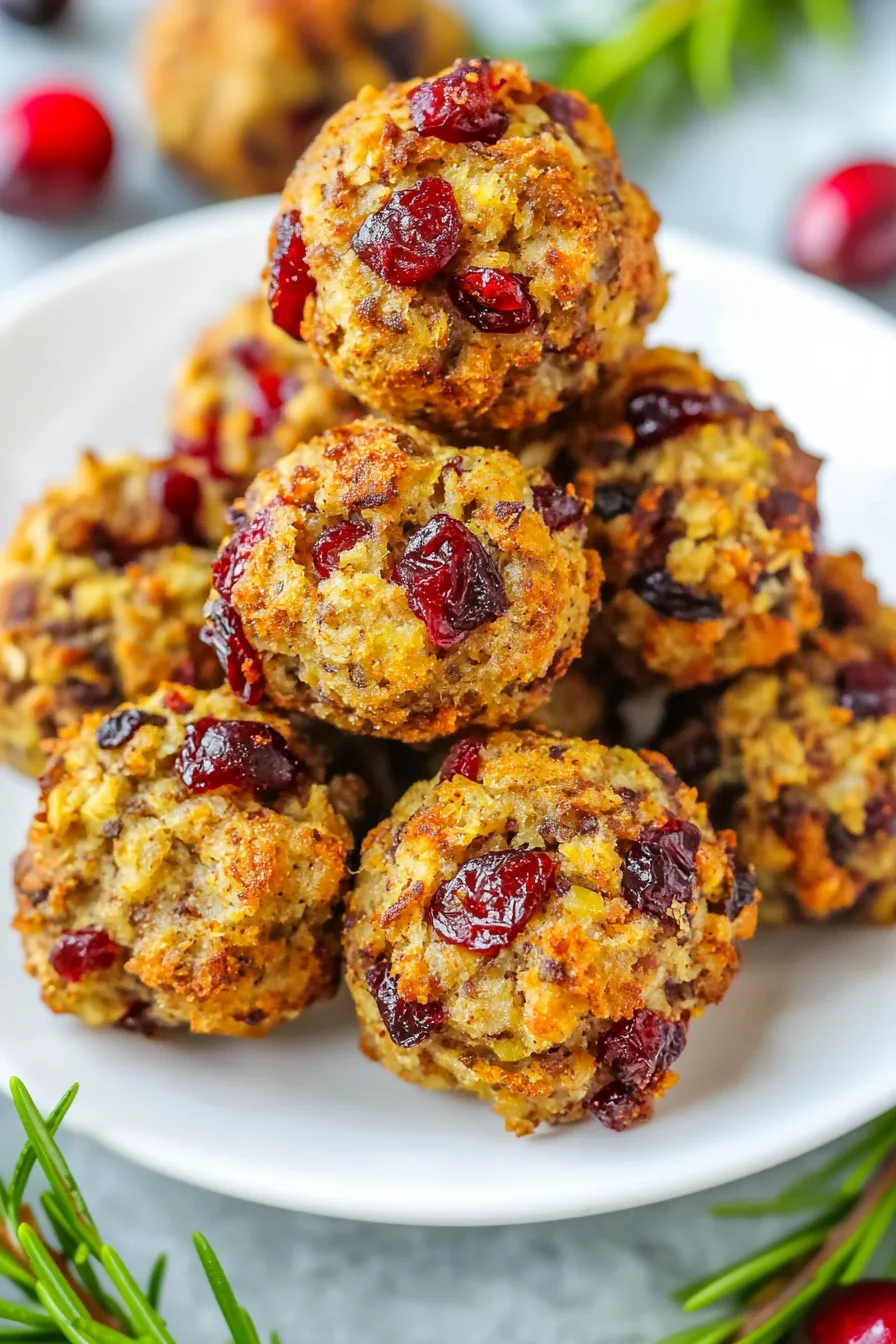 A plate piled with round, crispy stuffing balls dotted with dried cranberries.