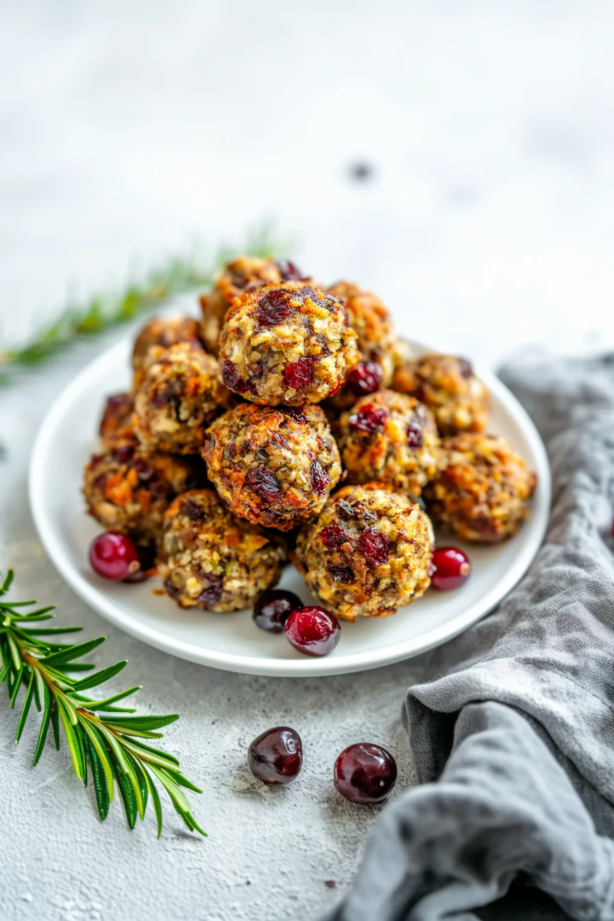 Round, oven-baked stuffing pieces arranged on a white plate.