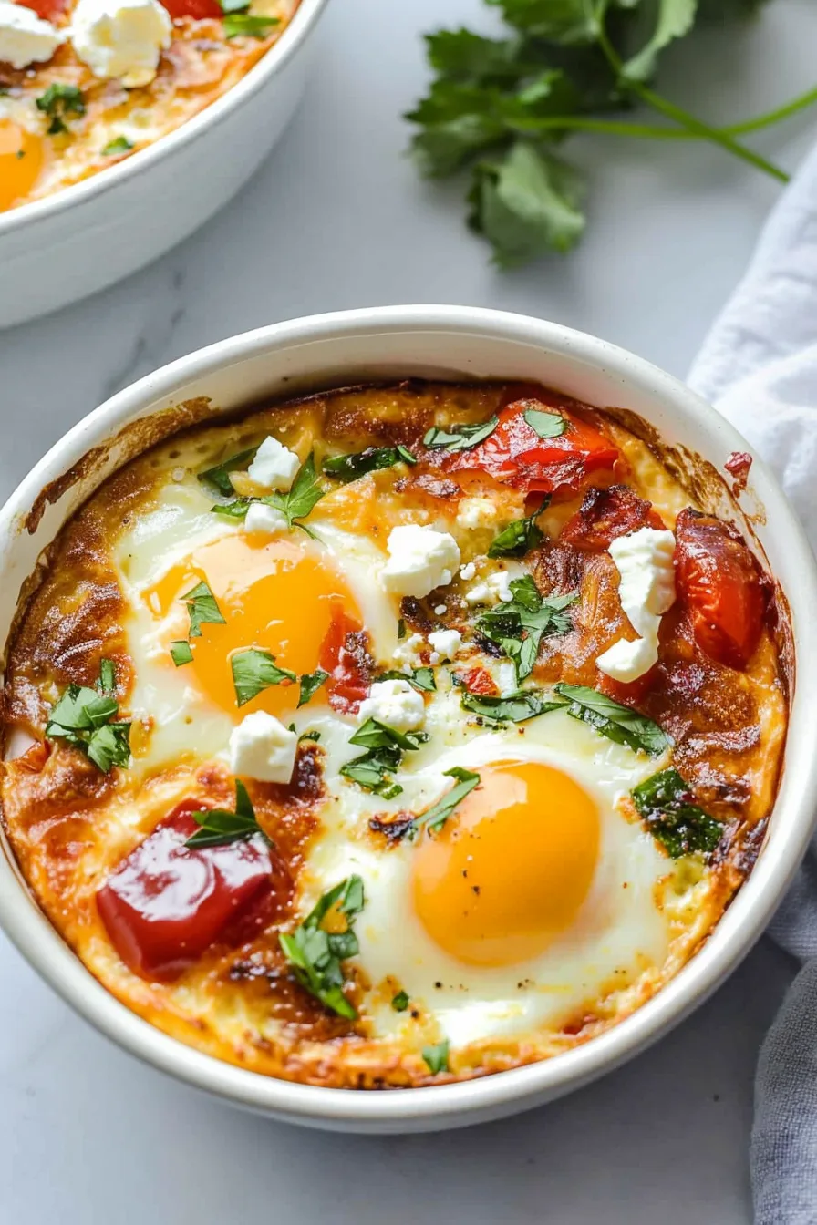 Close-up of a bubbling egg and tomato bake topped with fresh parsley and crumbled cheese.