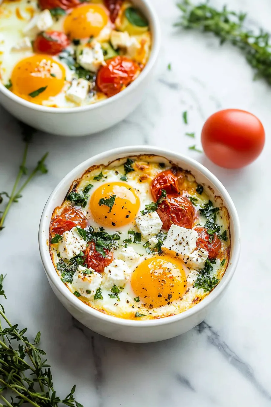 Creamy, oven-baked eggs set in a savory tomato mixture with herbs and feta pieces.