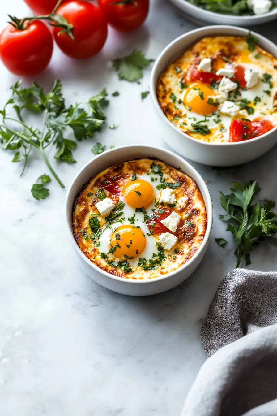 Warm dish of softly baked eggs nestled in a cheesy, tomato-filled base with fresh herbs on top.