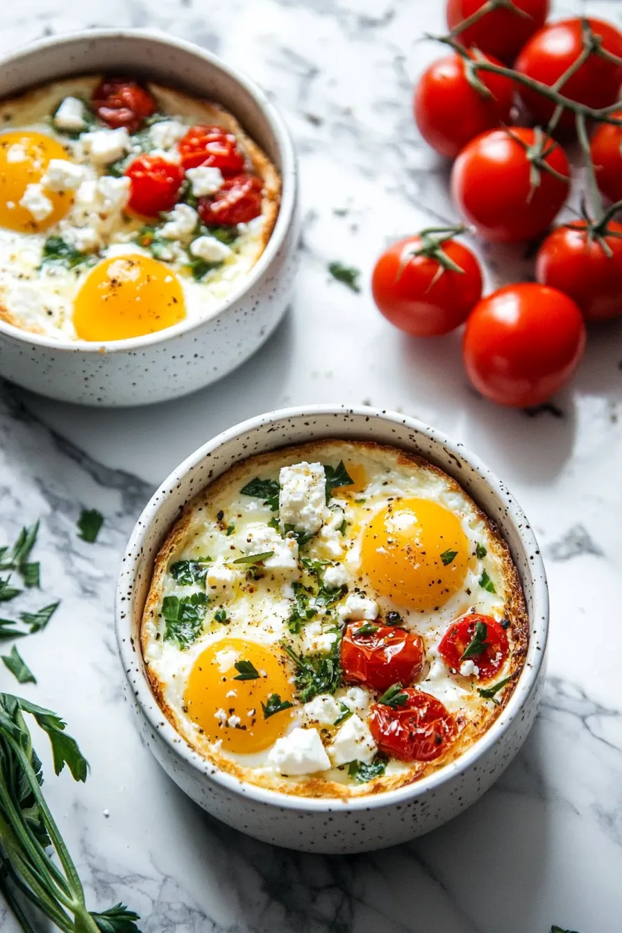 Individual baking dish featuring two set eggs, charred tomatoes, and scattered feta crumbles.