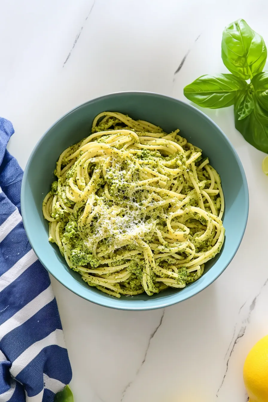 Twirled spaghetti covered in a vibrant green sauce with basil scattered around.