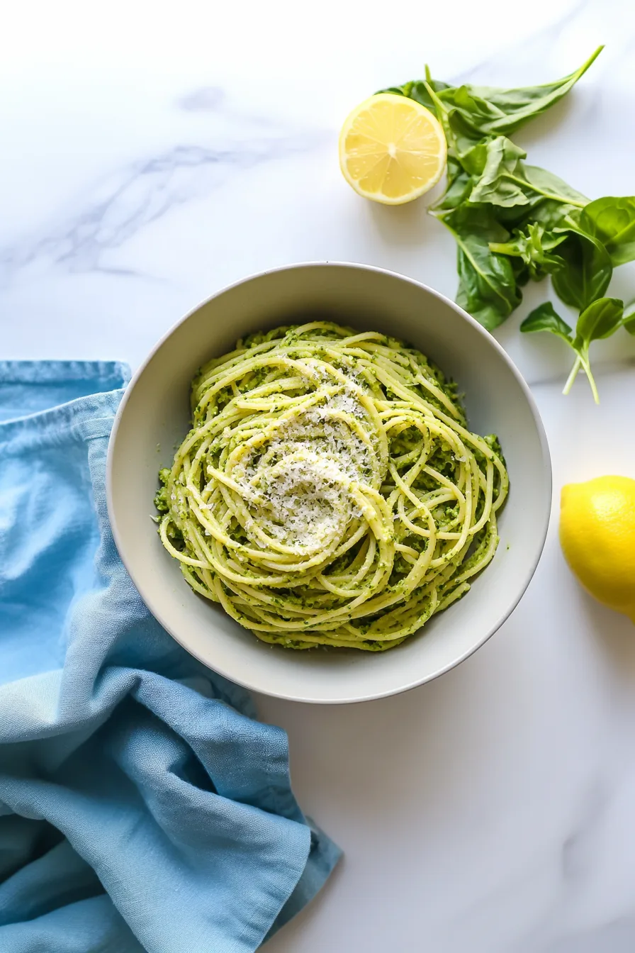 Bowl of spaghetti coated in a smooth green pesto sauce, topped with a basil leaf.