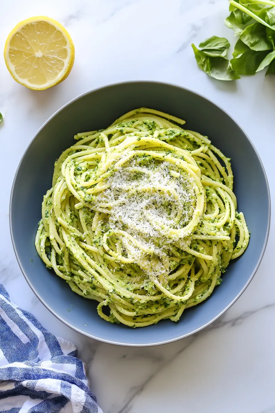 Freshly tossed green pesto pasta served in a ceramic bowl.