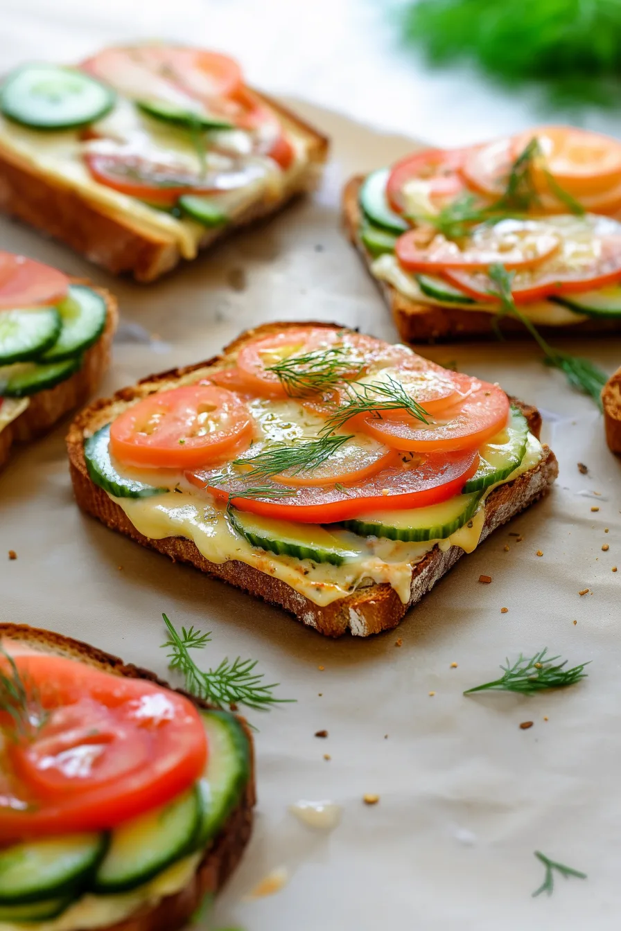 Toasts arranged on parchment, each topped with cucumbers, tomatoes, and soft melted cheese.