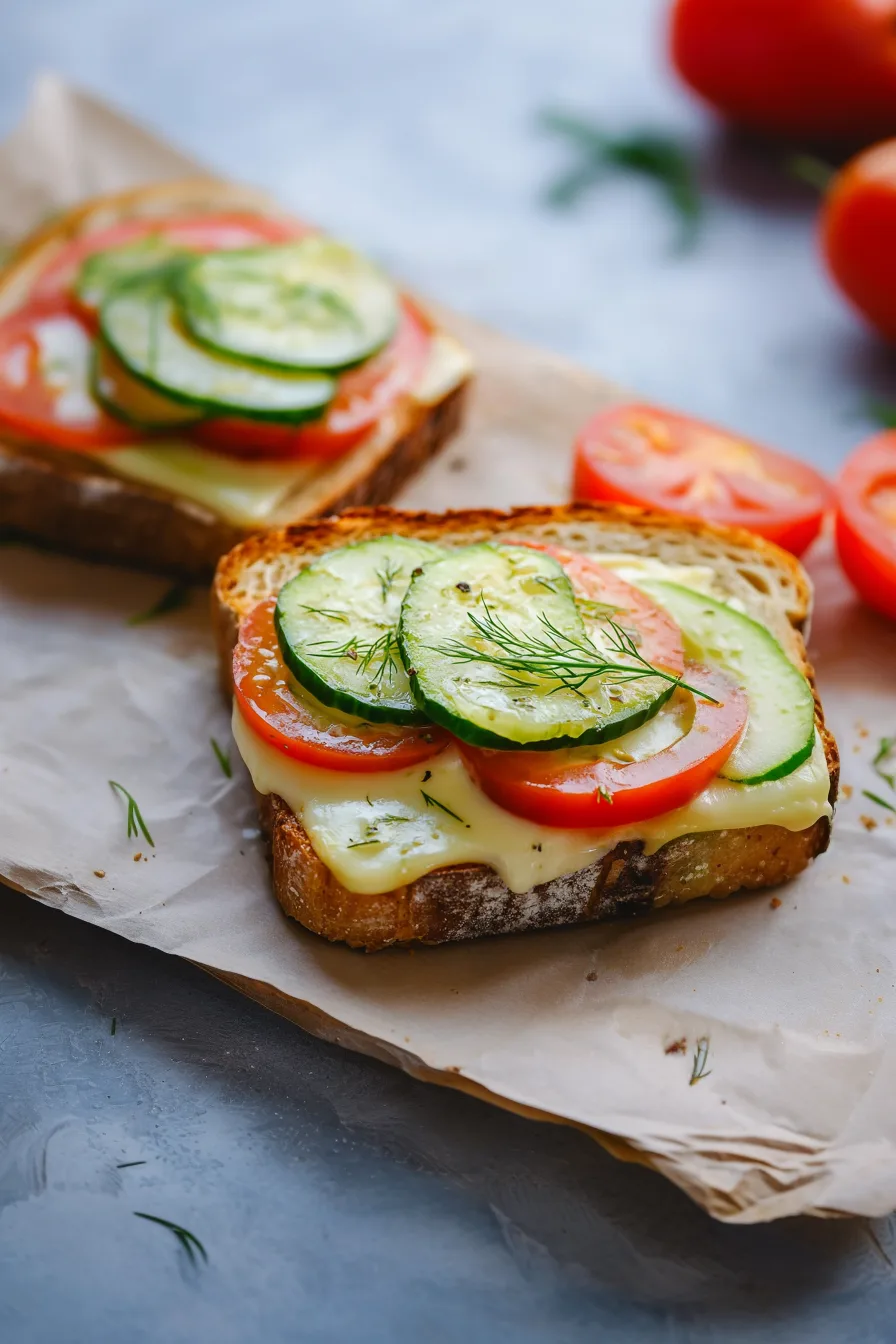 Fresh dill-topped sandwich showing stacked cucumber and tomato slices on melted cheese.