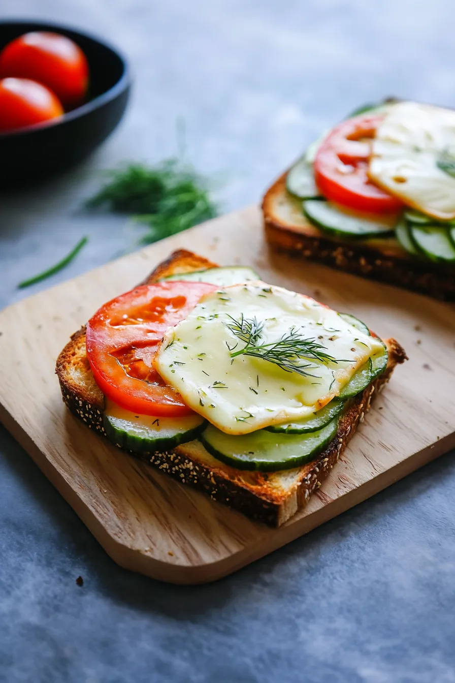 Crispy bread topped with creamy cheese, thin vegetables, and a sprinkle of dill.