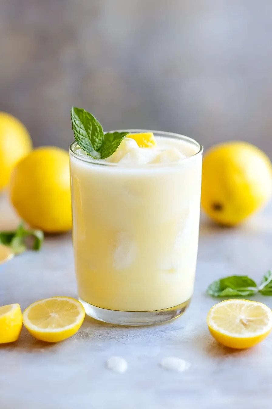 A glass filled with a pale, creamy drink topped with ice.