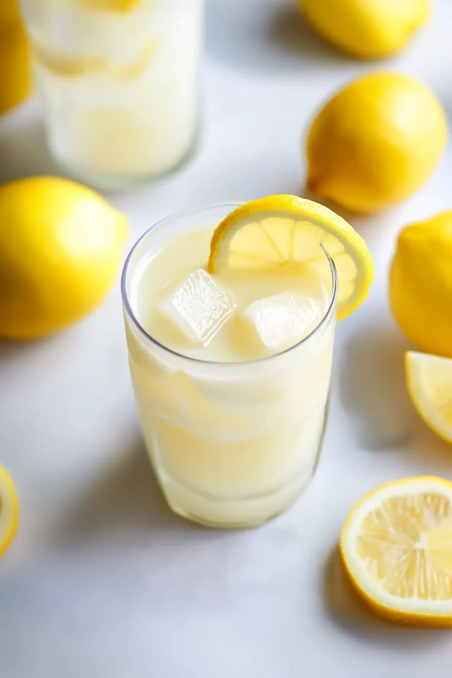 Top-down view of a cool, milky lemon drink served with fresh citrus.
