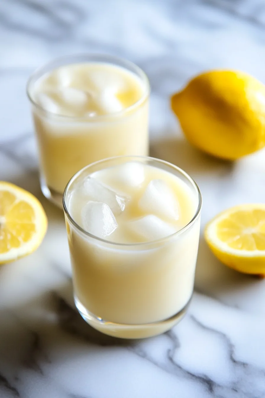 A chilled, creamy drink served over ice in a clear glass.