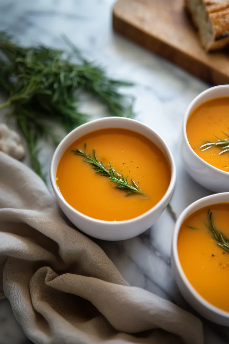 A bowl of warm, velvety soup garnished with fresh herbs.