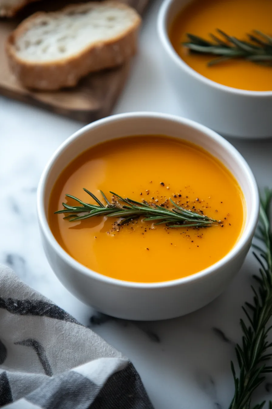 Elegant serving of bisque in a white bowl with crusty bread on the side
