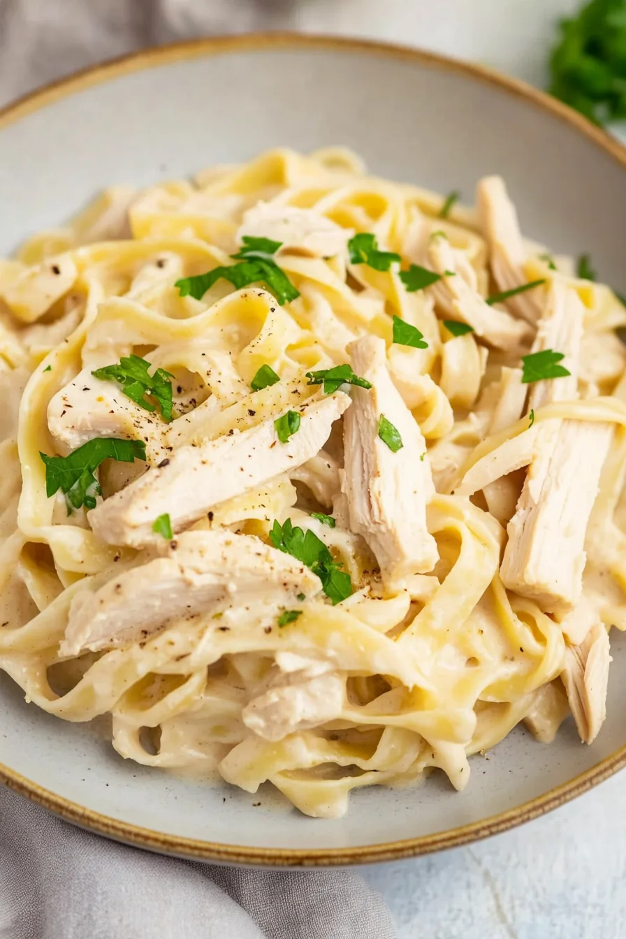 Close-up of noodles coated in a rich white sauce with sliced chicken.