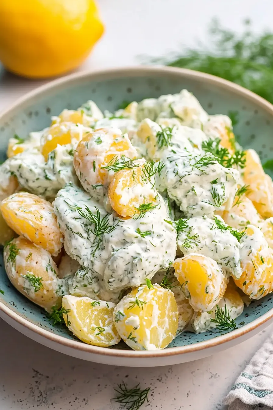 Close-up of chilled potato salad with a creamy herb dressing and a sprinkle of black pepper.