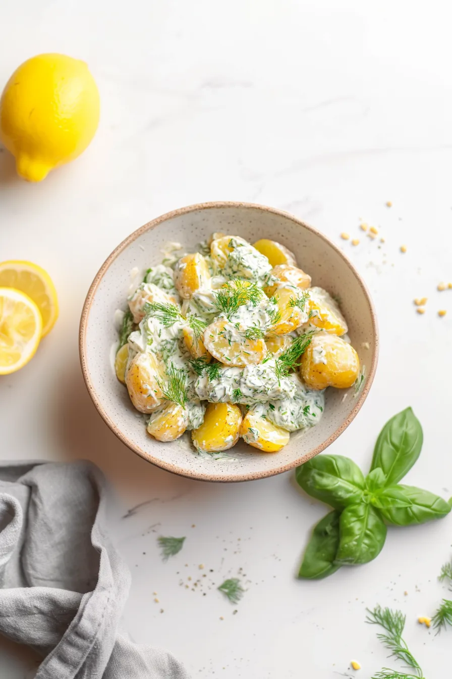 Potato salad in a white dish, garnished with dill and lemon wedges on the side.