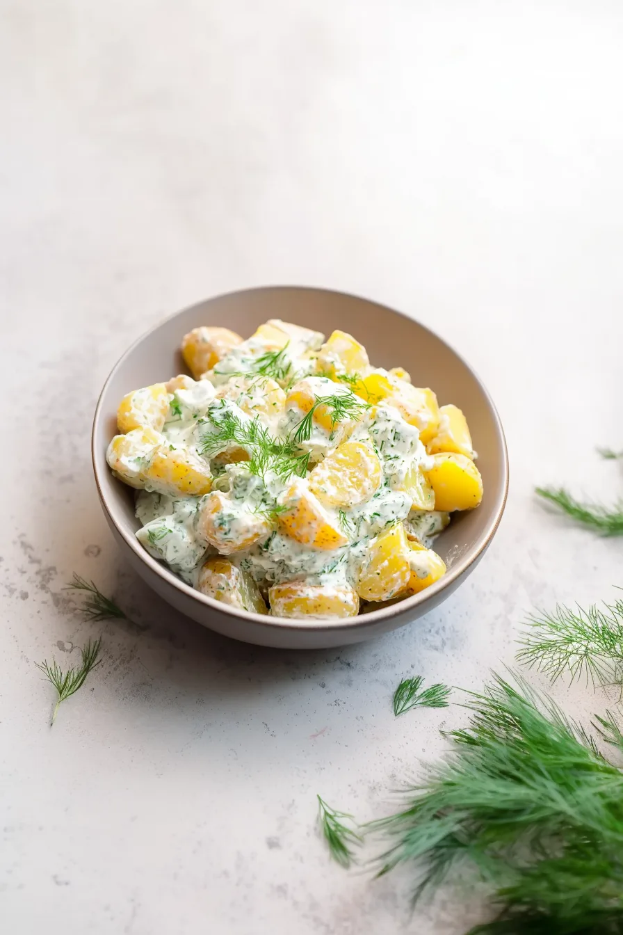 Overhead shot of a finished potato dish served in a white bowl with a light, creamy coating.