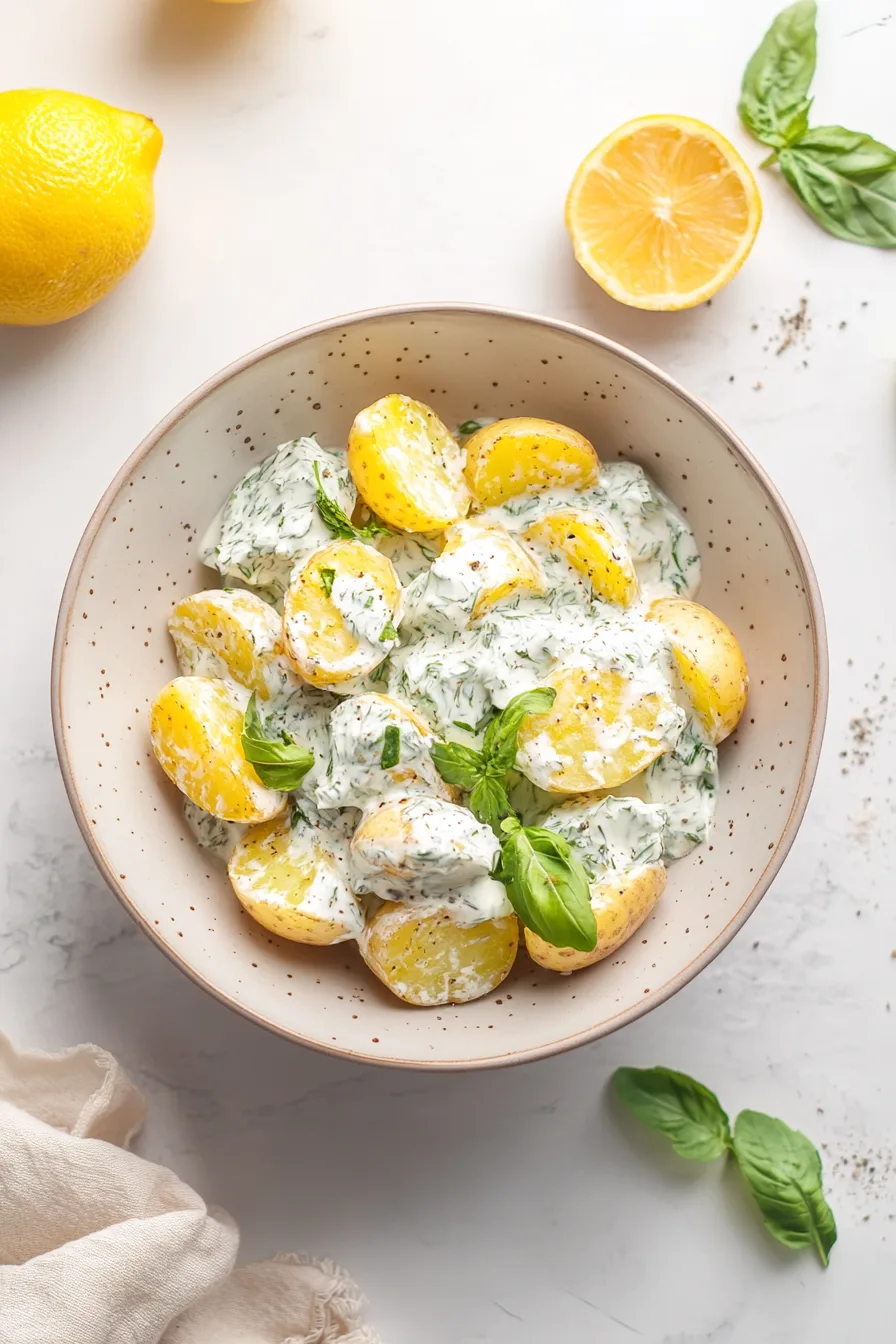 Overhead view of a finished potato salad plate with cucumbers and greens arranged around it.