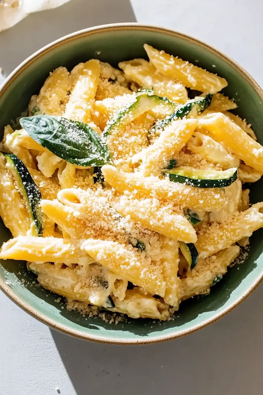 Close-up of tender pasta mixed with zucchini and ricotta, topped with fresh basil and grated cheese.