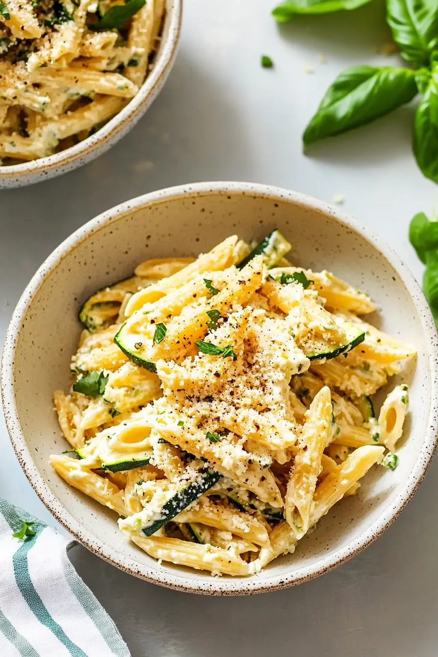 Creamy pasta dish featuring golden penne and thin zucchini pieces, finished with a dusting of Parmesan.