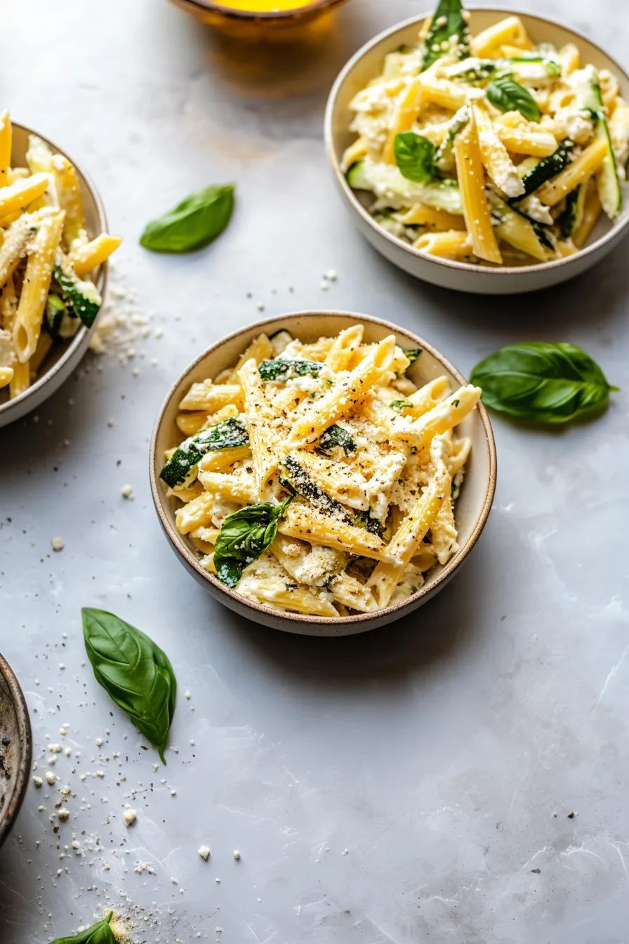 Overhead view of a rich, vegetable-studded pasta served in a bowl with basil leaves on top.