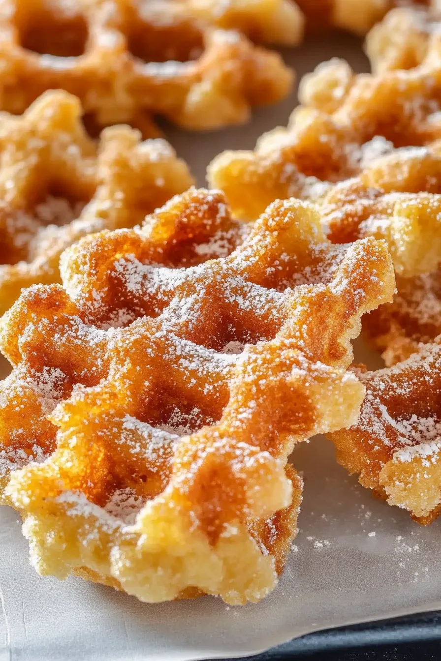 Close-up of flaky waffle pastry with crisp, buttery layers.