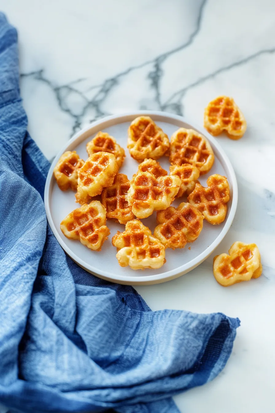 Golden brown croffles dusted with powdered sugar on a plate.