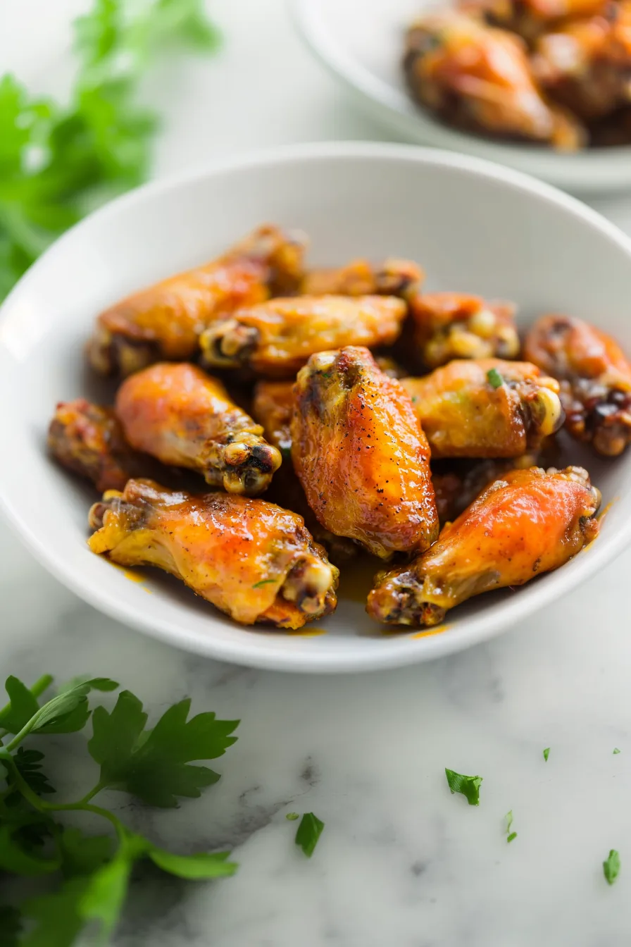 A platter filled with golden, sauce-glazed wings arranged neatly for serving.