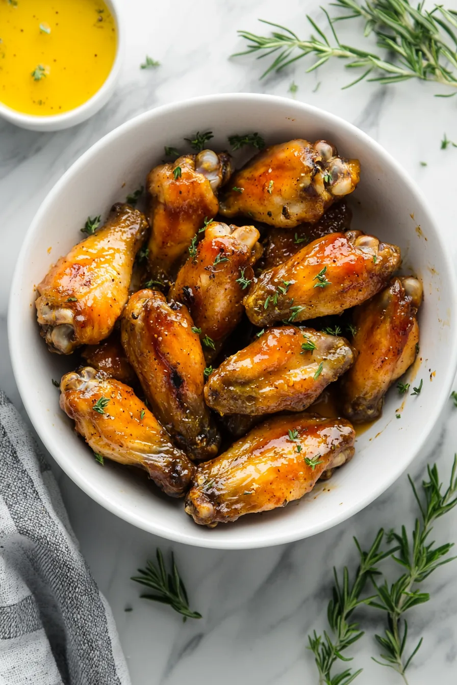 Overhead shot of saucy, caramelized wings resting on a bowl.