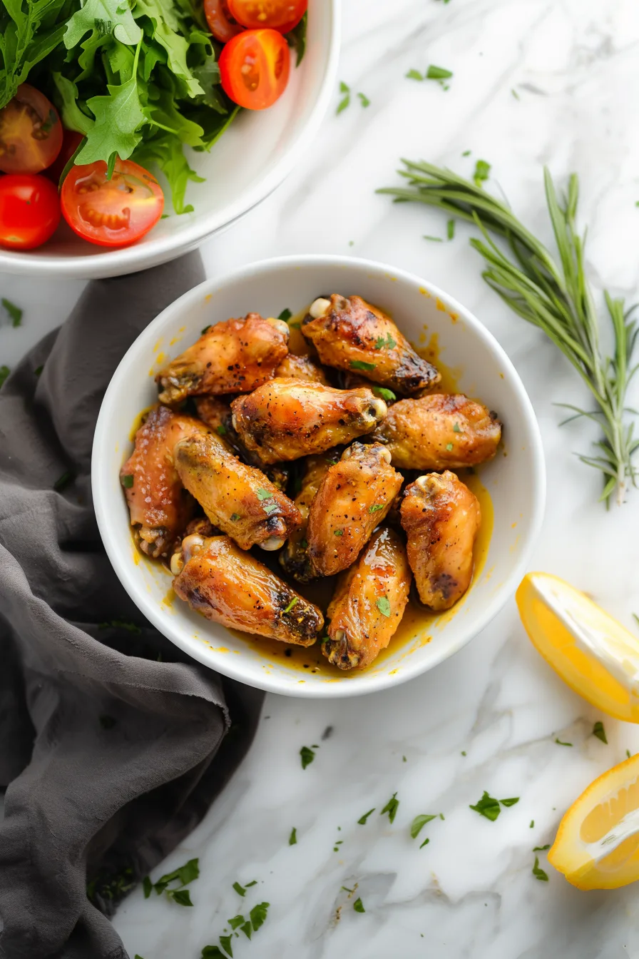 A plate piled with golden, glazed wings sprinkled with fresh herbs.