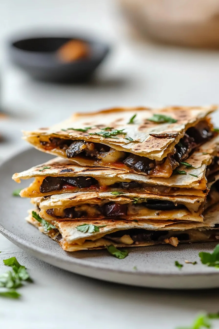Close-up of sliced quesadillas revealing melted cheese and sautéed mushrooms inside.