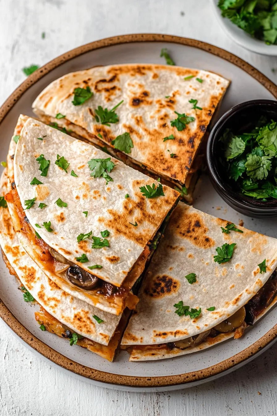 Overhead view of quesadilla pieces arranged neatly on a serving plate with cilantro.