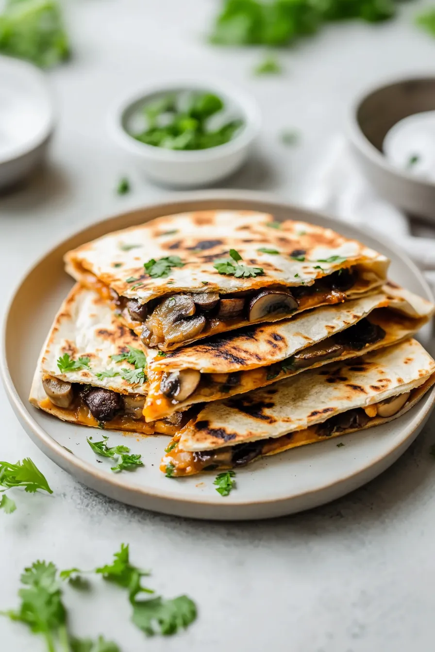 Golden, pan-toasted quesadilla slices stacked on a plate and topped with fresh herbs.