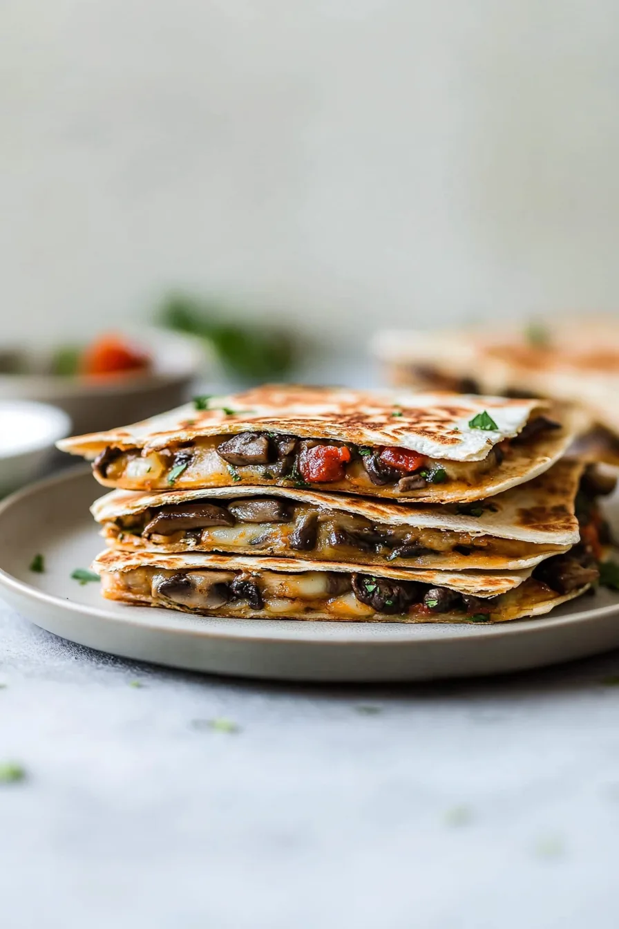 Warm, crispy tortilla wedges filled with a savory mushroom and cheese mixture.