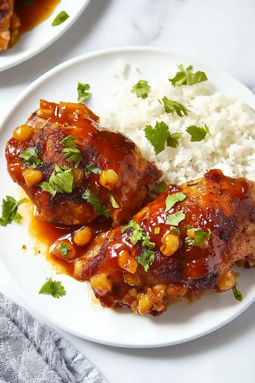 Juicy, caramelized chicken pieces covered in spicy honey sauce on a white plate with rice
