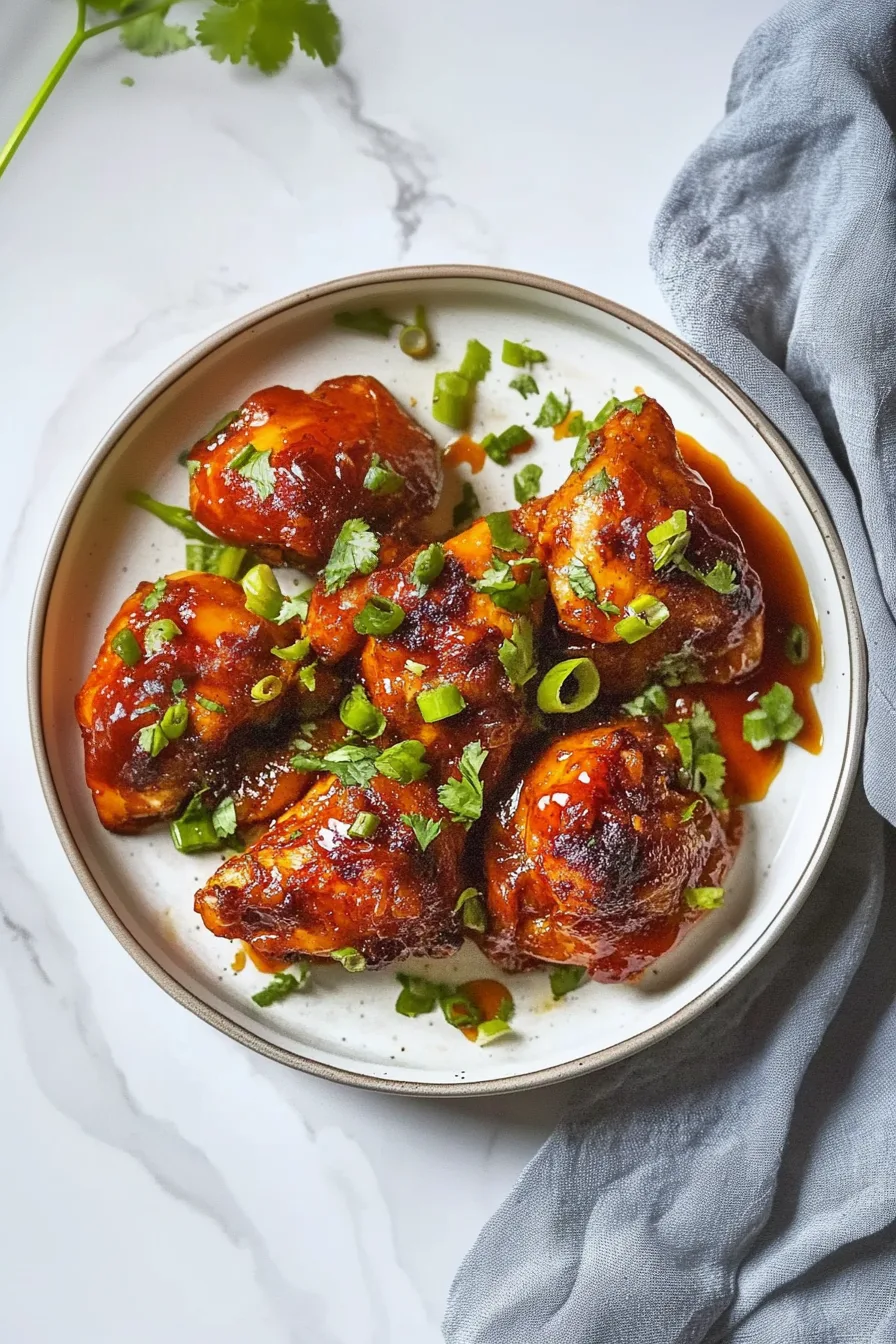 Final dish showing browned chicken smothered in sticky hot honey glaze and sprinkled with cilantro.