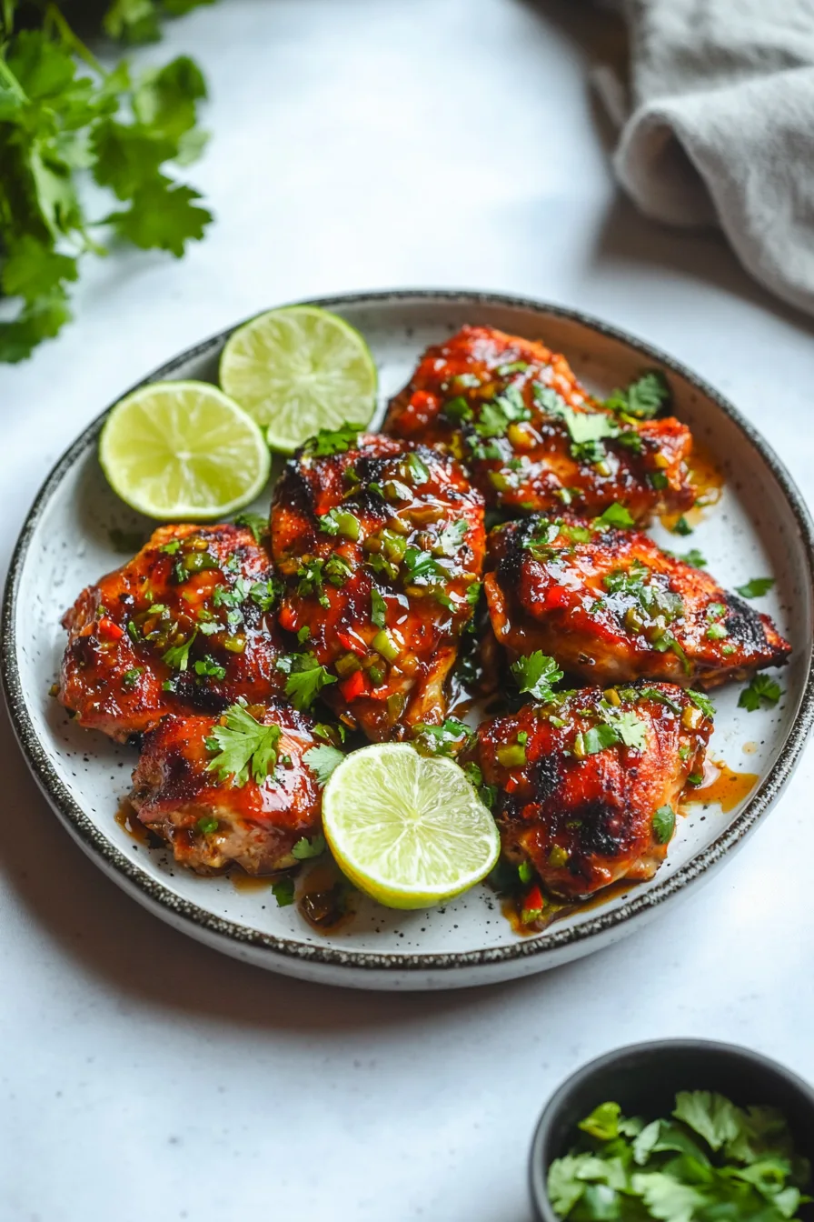 Glazed chicken thighs topped with hot honey sauce and chopped herbs, garnished with lemon slices.