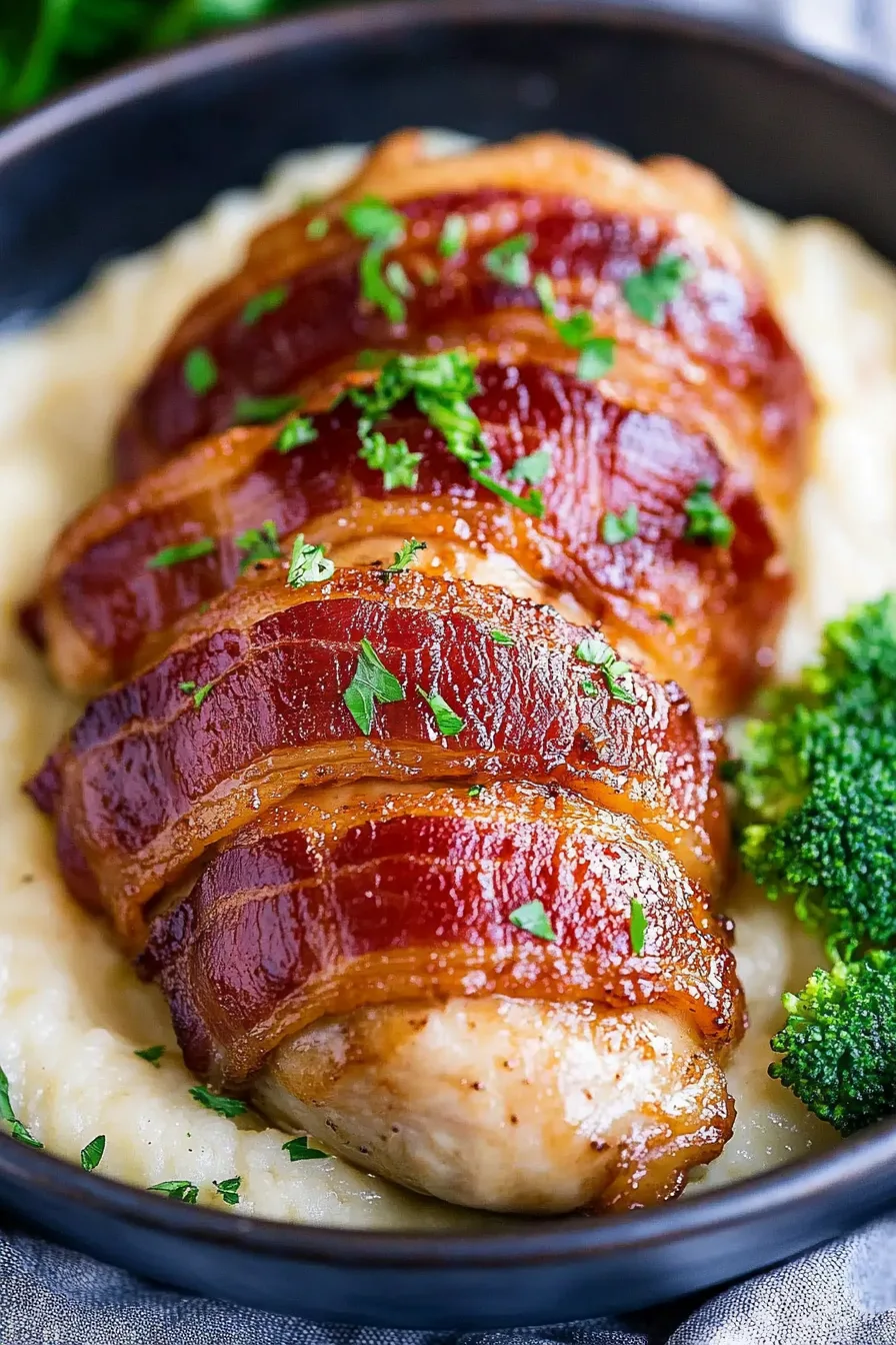 Close-up of roasted chicken wrapped in crispy bacon with a light garnish of parsley.