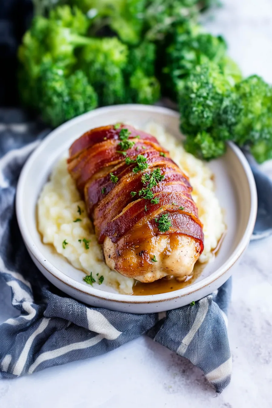 Pan of juicy chicken bundles coated in caramelized bacon and savory glaze.