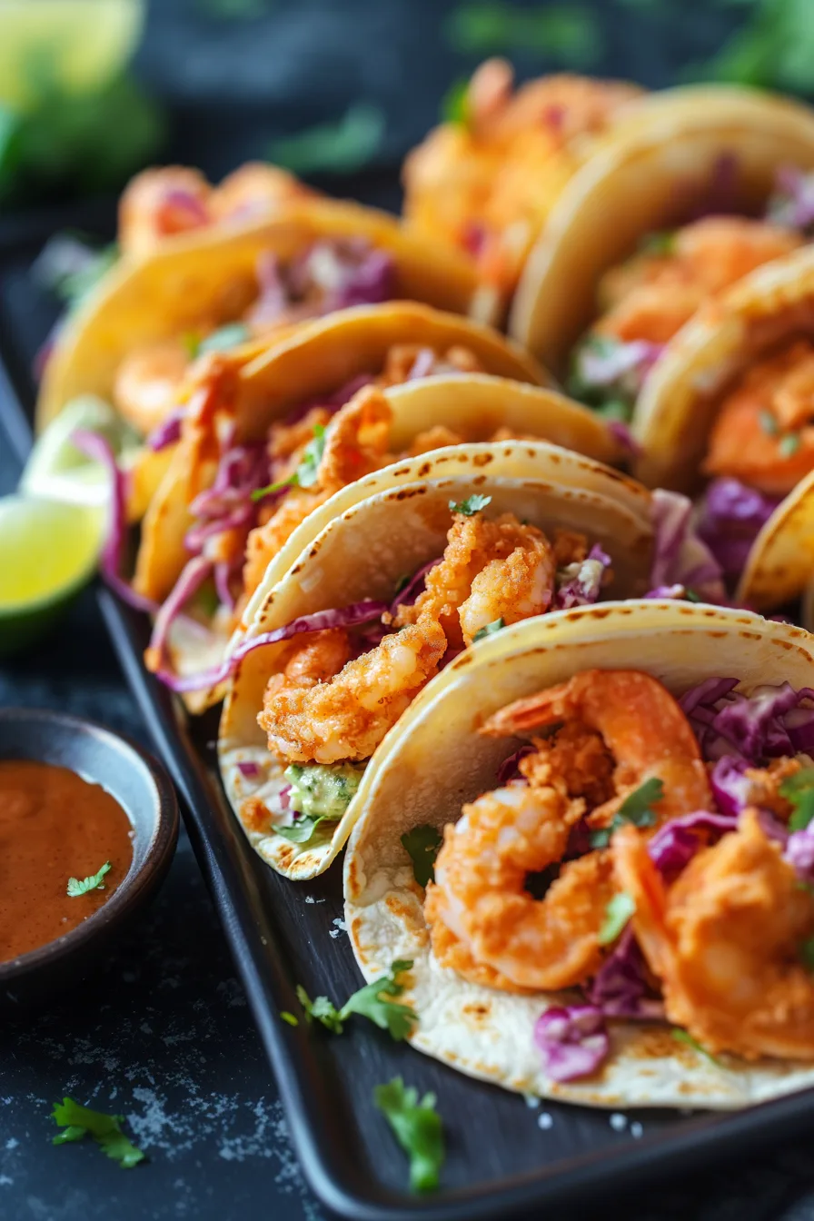 Stacked soft tortillas loaded with fried shrimp and creamy dressing.