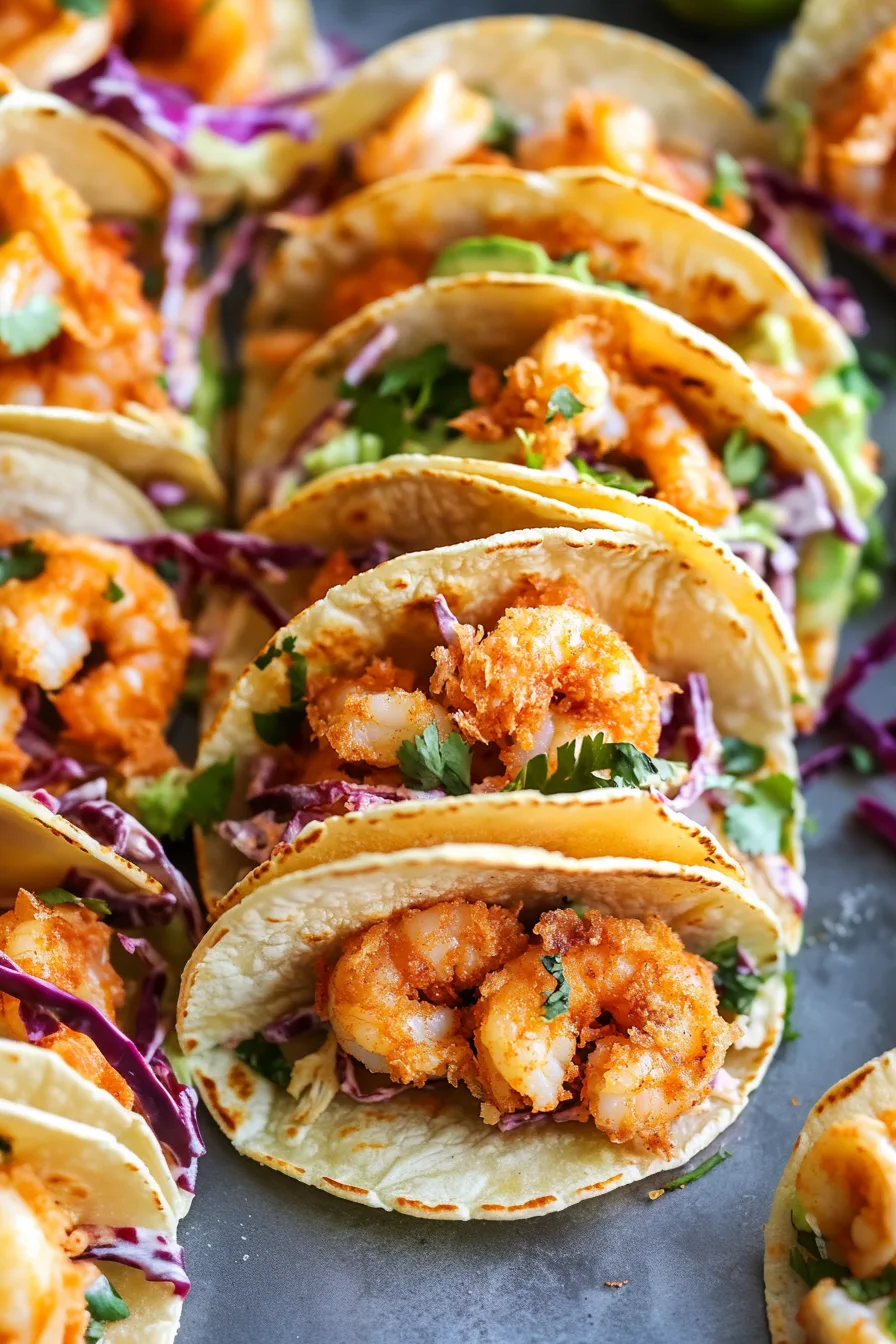 Golden shrimp served in taco shells with shredded veggies and herbs.
