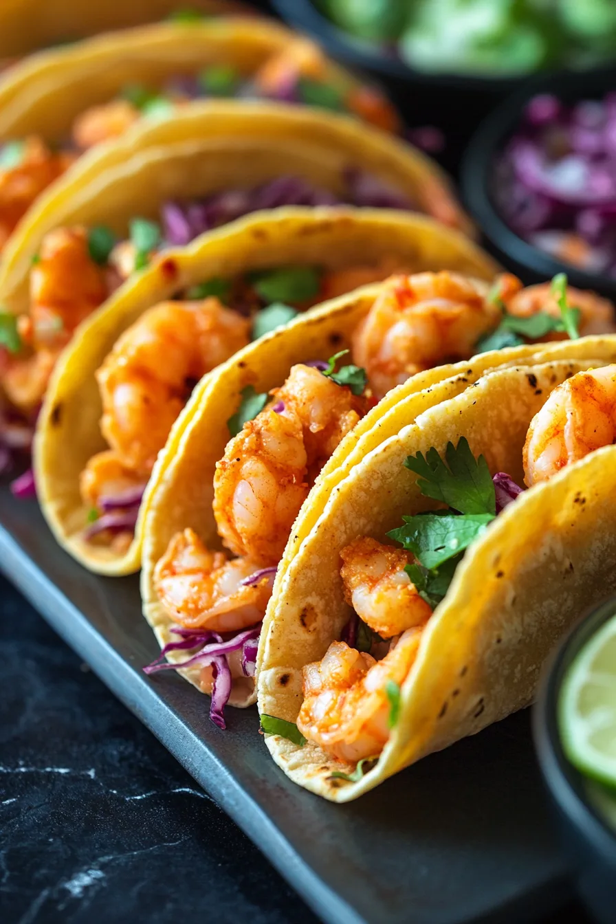 A tray of shrimp tacos featuring crisp coatings, slaw, and a light drizzle of sauce.