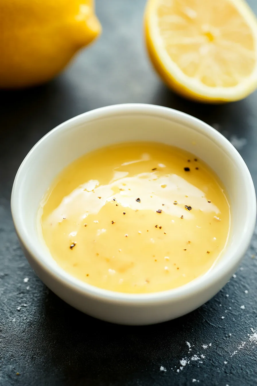 Velvety golden sauce served in a bowl with lemon halves in the background.