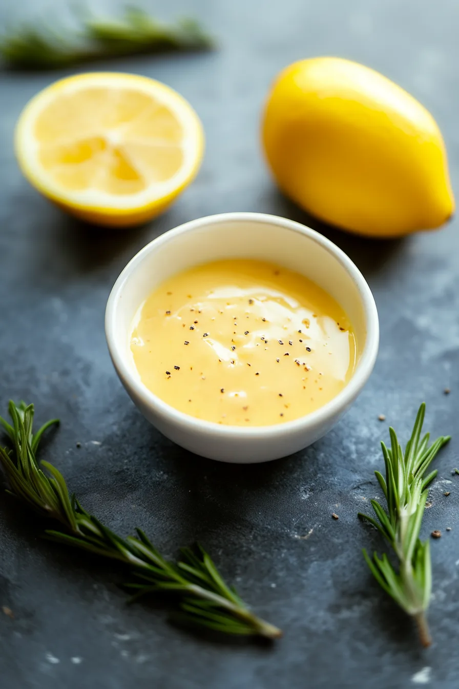Top-down view of a silky, lemony sauce resting in a small serving bowl.
