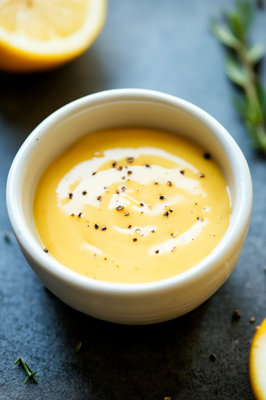 Close-up of smooth, glossy hollandaise-style sauce in a white ramekin.