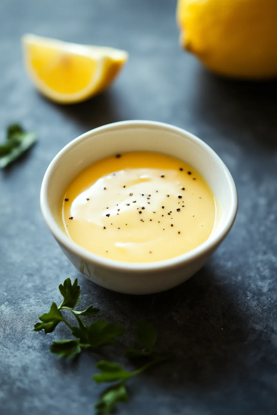 Thick, buttery yellow sauce with a sprinkle of pepper in a white dish.