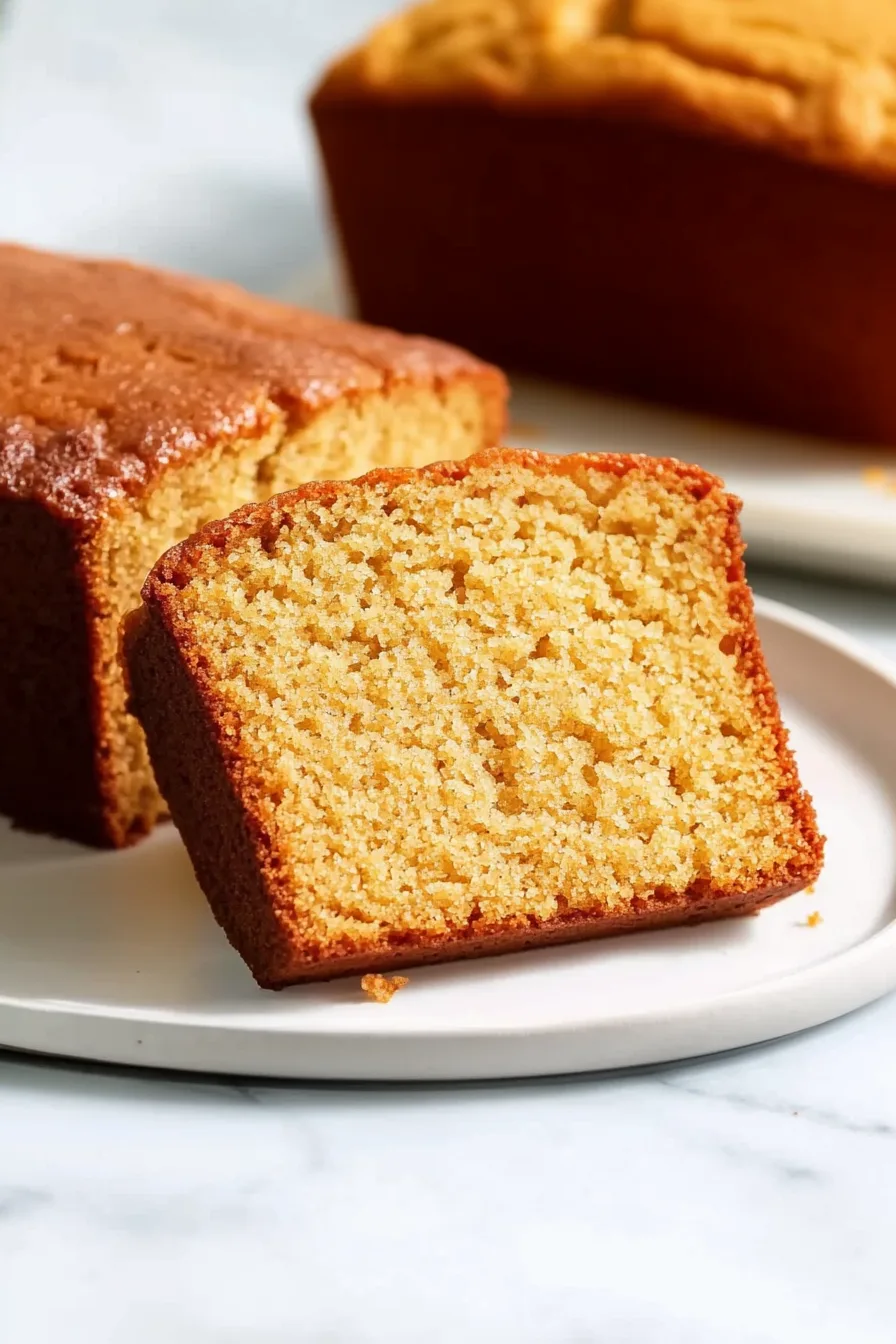 Close-up of freshly baked brown sugar pound cake showing its soft texture.